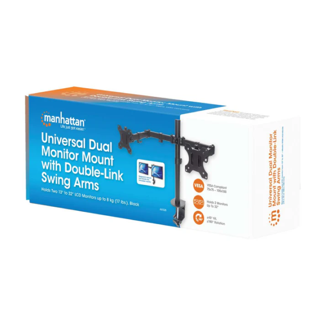 Soporte Articulado para 2 Monitores Manhattan | Monitores de 13” a 32” | Hasta 8 KG por Brazo | Compatible con VESA | Color Negro | 461528