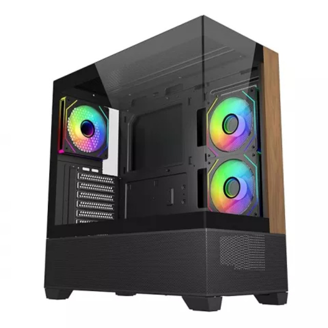 Gabinete Cooler Master Elite 690 Wood | Media Torre | ATX / Micro-ATX / Mini-ITX | USB 3.0 | Cristal Templado | 3 Ventiladores ARGB Pre-Instalados | Negro | E690-KHNN-S00