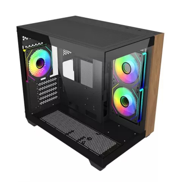 Gabinete Cooler Master Elite 481 Wood │ Micro-ATX / Mini-ITX │ 1× USB-C │ 2× USB 3.0 │ 3×120mm ARGB │ Ventana de Cristal Templado │ Negro │ E481-KHNN-S00