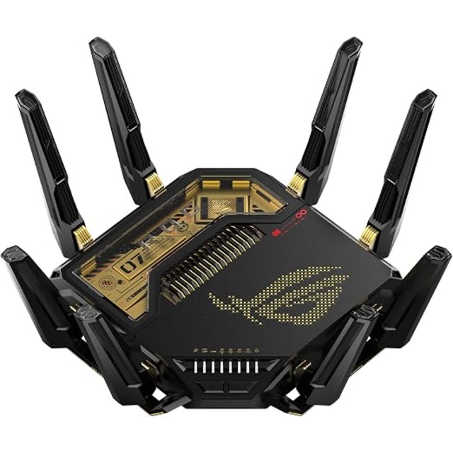 Router Gamer ASUS ROG Rapture GT-BE98 Pro | Wi-Fi 7 (802.11be) | Quad-Band 2.4 GHz / 5 GHz / 6 GHz | 8 Antenas Externas | Tecnología AiMesh | Puertos RJ-45 | USB 3.2 | Memoria Flash de 256 MB | GT-BE98 PRO