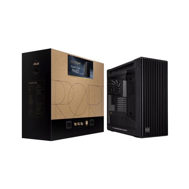 Gabinete ASUS ProArt PA602 | Torre Completa | E-ATX / ATX / Micro-ATX / Mini-ITX / DTX / Mini-DTX | USB 2.0 / USB 3.2 | 3 Ventiladores Pre-Instalados | Cristal Templado | Negro | PA602