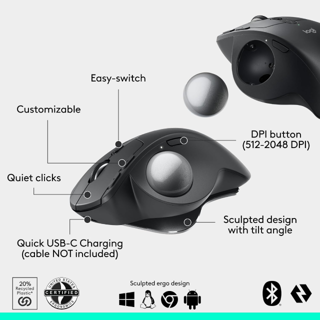 Mouse Inalámbrico Logitech MX Ergo S | 512 a 2048 DPI | Sensor Óptico Avanzado | Bluetooth / 2.4 GHz | 6 Botones Programables | Batería Interna Recargable | Diseño Ergonómico con Trackball | Color Grafito | 910-007261