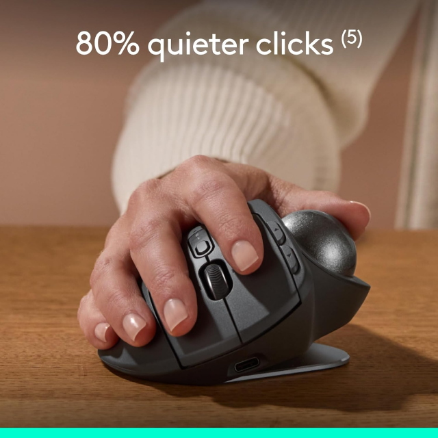 Mouse Inalámbrico Logitech MX Ergo S | 512 a 2048 DPI | Sensor Óptico Avanzado | Bluetooth / 2.4 GHz | 6 Botones Programables | Batería Interna Recargable | Diseño Ergonómico con Trackball | Color Grafito | 910-007261