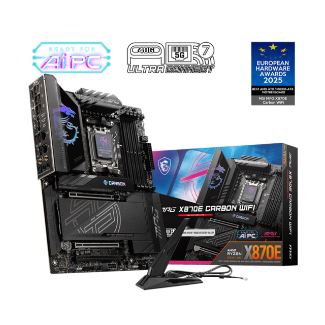 Tarjeta Madre MSI MPG X870E CARBON WIFI | ATX | AMD X870E | AM5 | DDR5 (Hasta 256GB) | Wi-Fi 7 | Bluetooth 5.4 | 911-7E49-005