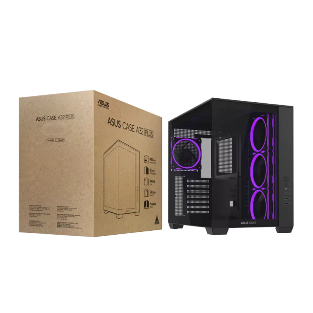 Gabinete ASUS A32 PLUS | Media Torre | ATX / Micro ATX / Mini ITX | 2 x USB A / 1 x USB C | Incluye 4 Ventiladores ARGB | Cristal Templado Panorámico | Negro | A32 PLUS/BK/TG/ARGB