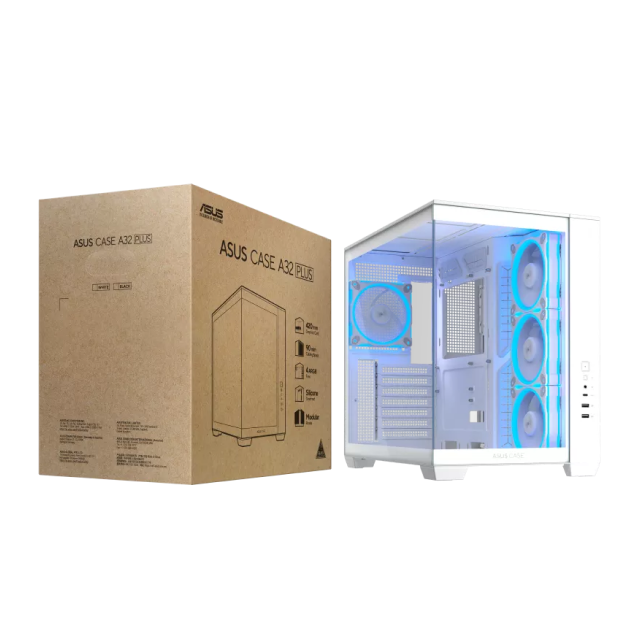 Gabinete ASUS A32 PLUS | Media Torre | ATX / Micro ATX / Mini ITX | 2 x USB A / 1 x USB C | Incluye 4 Ventiladores ARGB | Cristal Templado Panorámico | Blanco | A32 PLUS/WT/TG/ARGB