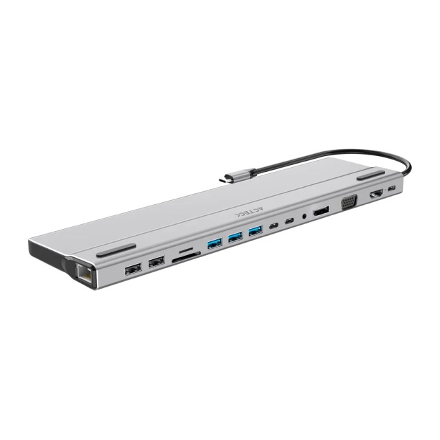 HUB Multipuerto Acteck Port X DH690 | Conexión a PC USB-C | 2 Puertos USB-A 2.0 / 3 Puertos USB-A 3.1 Gen1 / 2 Puertos USB-C 3.1 Gen2 / Puerto HDMI 4K / Puerto VGA FHD / Puerto Ethernet / Jack 3.5mm / Lector de Tarjetas SD y MicroSD | Plata | AC-932950