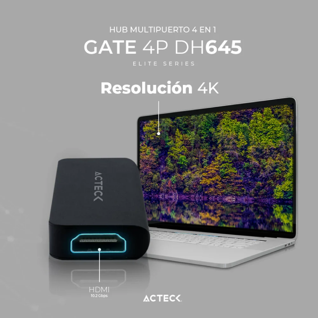 HUB Multipuerto Acteck Gate 5P DH645 | Conexión a PC USB-C | 1 Puerto USB-C 3.1 / 1 Puerto USB-A 2.0 / 1 Puerto USB-A 3.1 / 1 Puerto HDMI 4K | Negro | AC-934640