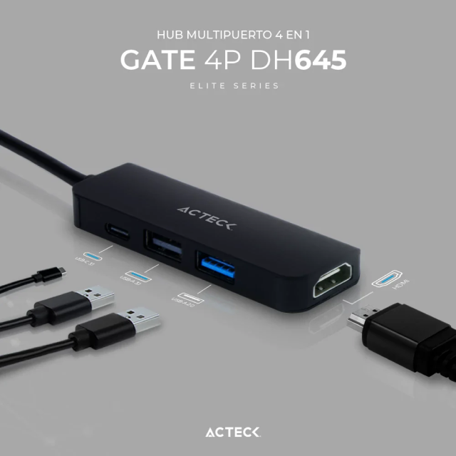 HUB Multipuerto Acteck Gate 5P DH645 | Conexión a PC USB-C | 1 Puerto USB-C 3.1 / 1 Puerto USB-A 2.0 / 1 Puerto USB-A 3.1 / 1 Puerto HDMI 4K | Negro | AC-934640