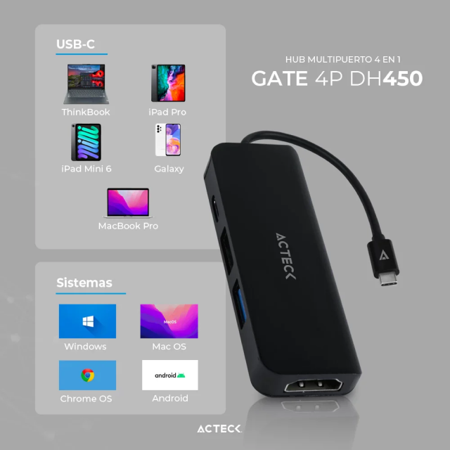 HUB Multipuerto Acteck Gate 5P DH645 | Conexión a PC USB-C | 1 Puerto USB-C 3.1 / 1 Puerto USB-A 2.0 / 1 Puerto USB-A 3.1 / 1 Puerto HDMI 4K | Negro | AC-934640