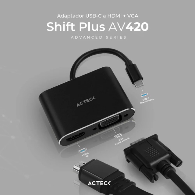 Adaptador Acteck Shift Plus AV420 | USB-C a HDMI / VGA | Negro | AC-934657