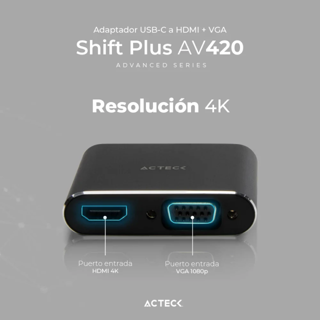 Adaptador Acteck Shift Plus AV420 | USB-C a HDMI / VGA | Negro | AC-934657