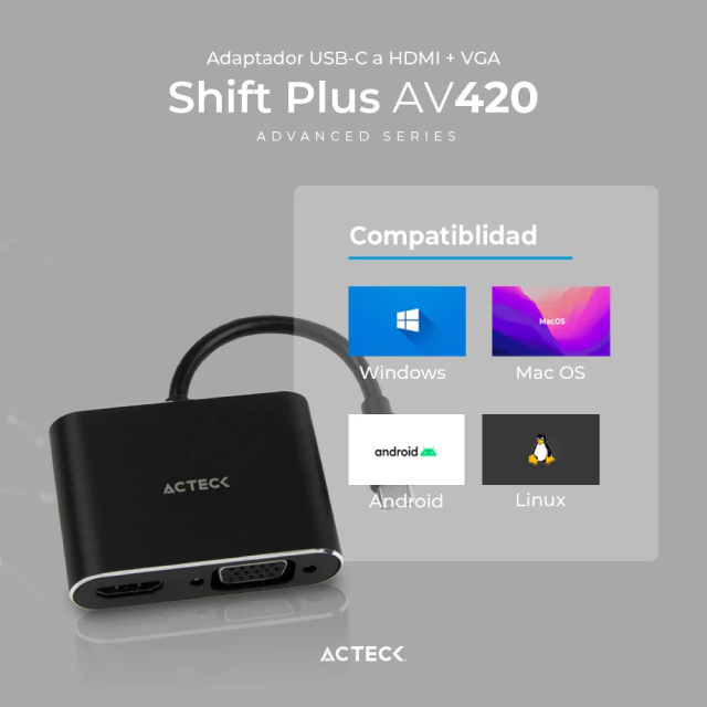 Adaptador Acteck Shift Plus AV420 | USB-C a HDMI / VGA | Negro | AC-934657