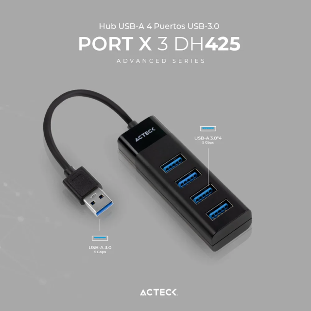 HUB USB Acteck Port X3 DH425 | Conexión a PC USB-A | 5 Gbps | 4 Puertos USB-A | USB 3.0 | Negro | AC-934664