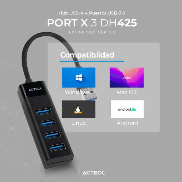 HUB USB Acteck Port X3 DH425 | Conexión a PC USB-A | 5 Gbps | 4 Puertos USB-A | USB 3.0 | Negro | AC-934664