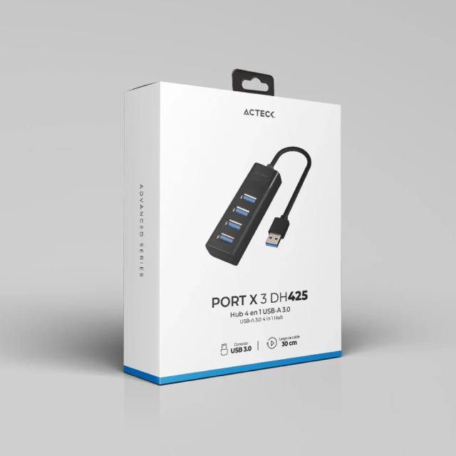 HUB USB Acteck Port X3 DH425 | Conexión a PC USB-A | 5 Gbps | 4 Puertos USB-A | USB 3.0 | Negro | AC-934664