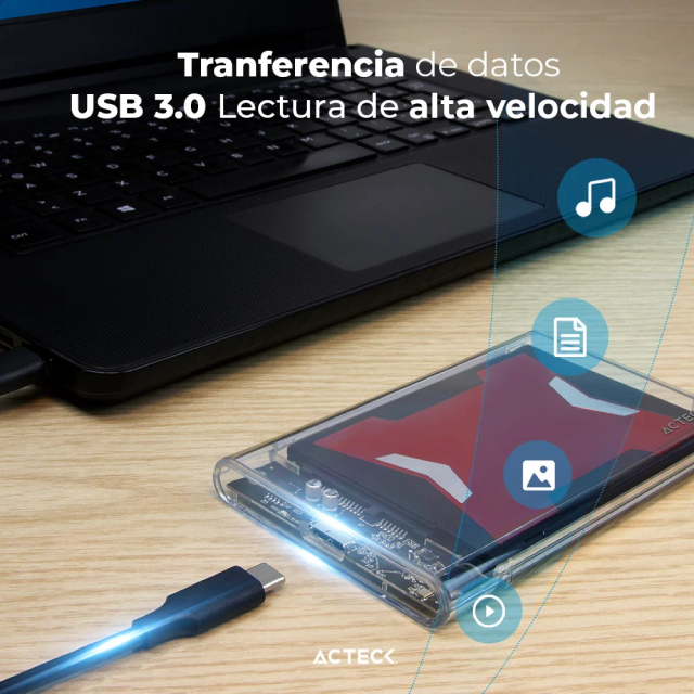 Enclosure Acteck Armor Clear HC430 | Carcasa para HDD de 2.5" | SATA | Conexión a Enclosure Micro B | Conexión a PC USB-A 3.0 | 5 Gbps | Transparente | AC-934688