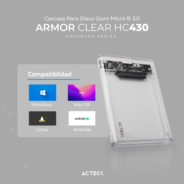 Enclosure Acteck Armor Clear HC430 | Carcasa para HDD de 2.5" | SATA | Conexión a Enclosure Micro B | Conexión a PC USB-A 3.0 | 5 Gbps | Transparente | AC-934688