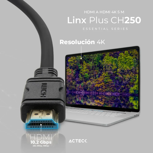 Cable HDMI Acteck Linx Plus 250 | HDMI a HDMI | 4K | Transmisión High Speed 10.2 Gbps | 5 Metros | Negro | AC-934787