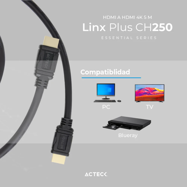 Cable HDMI Acteck Linx Plus 250 | HDMI a HDMI | 4K | Transmisión High Speed 10.2 Gbps | 5 Metros | Negro | AC-934787