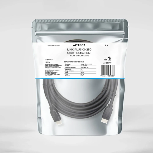 Cable HDMI Acteck Linx Plus 250 | HDMI a HDMI | 4K | Transmisión High Speed 10.2 Gbps | 5 Metros | Negro | AC-934787