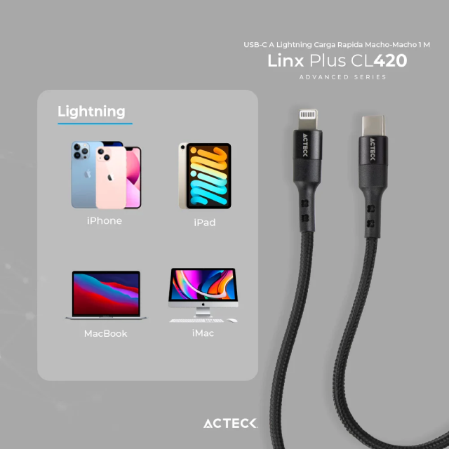 Cable de Carga Lightning Acteck Linx Plus CL420 | USB-C a Lightning | Carga Rápida | 27W | Compatible con Dispositivos Apple | 1.8 Metros | Negro | AC-934862