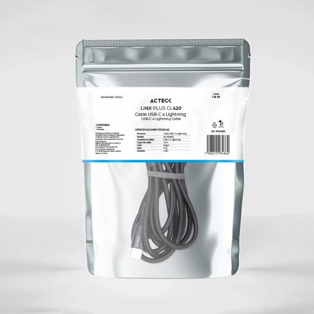 Cable de Carga Lightning Acteck Linx Plus CL420 | USB-C a Lightning | Carga Rápida | 27W | Compatible con Dispositivos Apple | 1.8 Metros | Negro | AC-934862