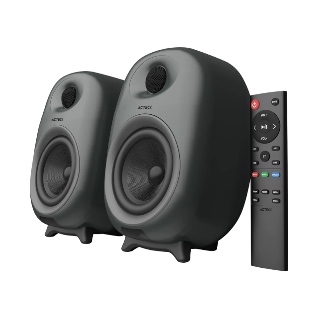 Bocinas Inalámbricas Acteck Dynamic Exact BS685 | Sistema 2.0 Estéreo | 80W RMS | Bluetooth / AUX RCA / Óptica / HDMI ARC / USB-A | Ajustador de Graves y Medios | Incluye Control Remoto | Negro | AC-935210