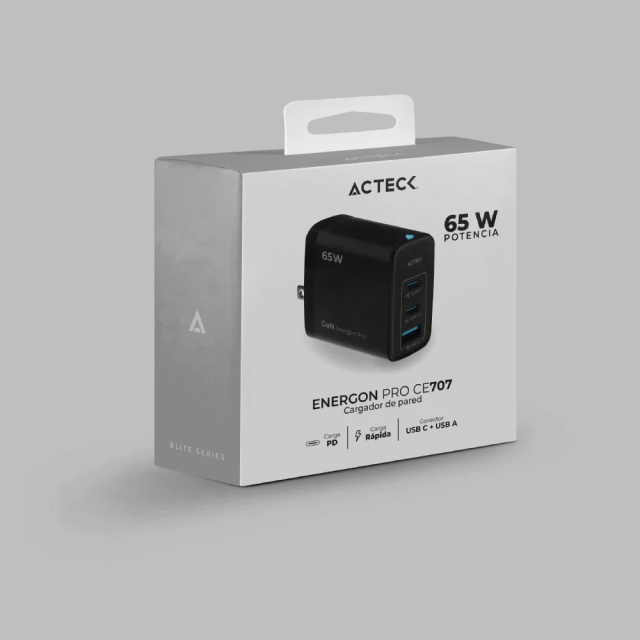 Cargador de Pared Acteck Energon Pro CE707 | Carga Ultra Rápida | 65W | USB-A / USB-C | Color Negro | AC-935579