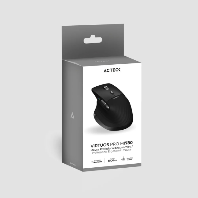 Mouse Ergonómico Inalámbrico Acteck Virtuos Pro MI780 | 1000 a 3200 DPI | Sensor Óptico PixArt PAW3805 | 122 g | 8 Botones | Batería Recargable | Bluetooth / Receptor USB | Windows / MacOS / iOS / Android | Negro | AC-936187