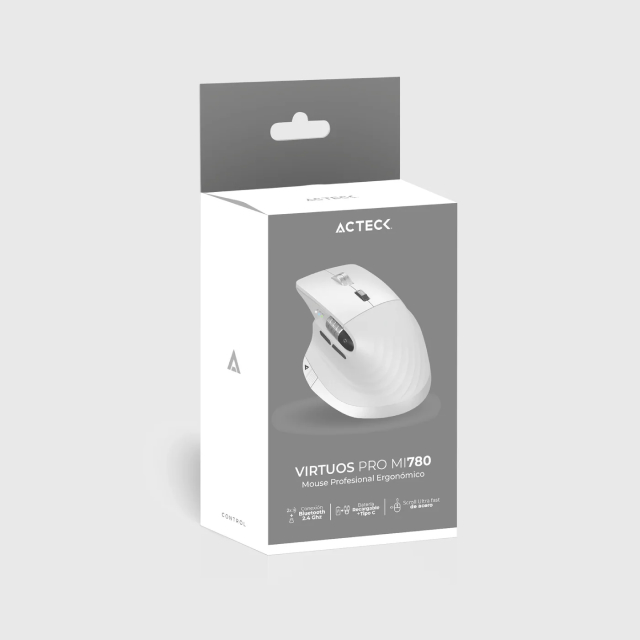 Mouse Ergonómico Inalámbrico Acteck Virtuos Pro MI780 | 1000 a 3200 DPI | Sensor Óptico PixArt PAW3805 | 122 g | 8 Botones | Batería Recargable | Bluetooth / Receptor USB | Windows / MacOS / iOS / Android | Blanco | AC-936194