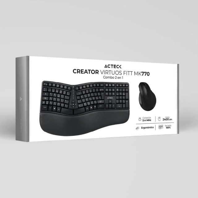 Kit de Teclado y Mouse Ergonómicos Acteck Creator Virtuos Fitt MK770 | Inalámbrico | 2.4 GHz | USB C | Mouse Óptico | Teclado Membrana |  Negro | AC-936248