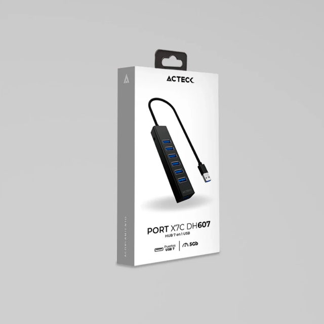 HUB USB Acteck Port X7C DH607 | Conexión a PC USB-A | 5 Gbps | 7 Puertos USB-A | USB 3.0 | Negro | AC-937030