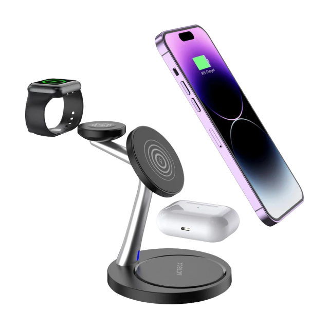 Base de Carga Inalámbrica 3 en 1 Acteck Energon S-Mate CI740 | Carga 3 Dispositivos Simultáneamente | 15W / 3W / 5W | Carga Inalámbrica Qi | Negro / Plata | AC-937139