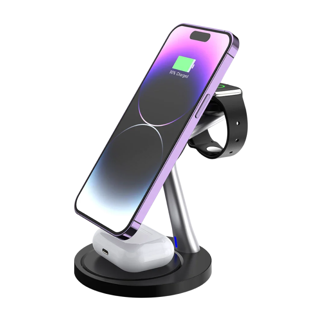 Base de Carga Inalámbrica 3 en 1 Acteck Energon S-Mate CI740 | Carga 3 Dispositivos Simultáneamente | 15W / 3W / 5W | Carga Inalámbrica Qi | Negro / Plata | AC-937139