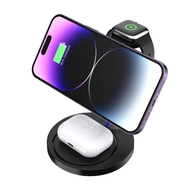 Base de Carga Inalámbrica 3 en 1 Acteck Energon S-Mate CI740 | Carga 3 Dispositivos Simultáneamente | 15W / 3W / 5W | Carga Inalámbrica Qi | Negro / Plata | AC-937139