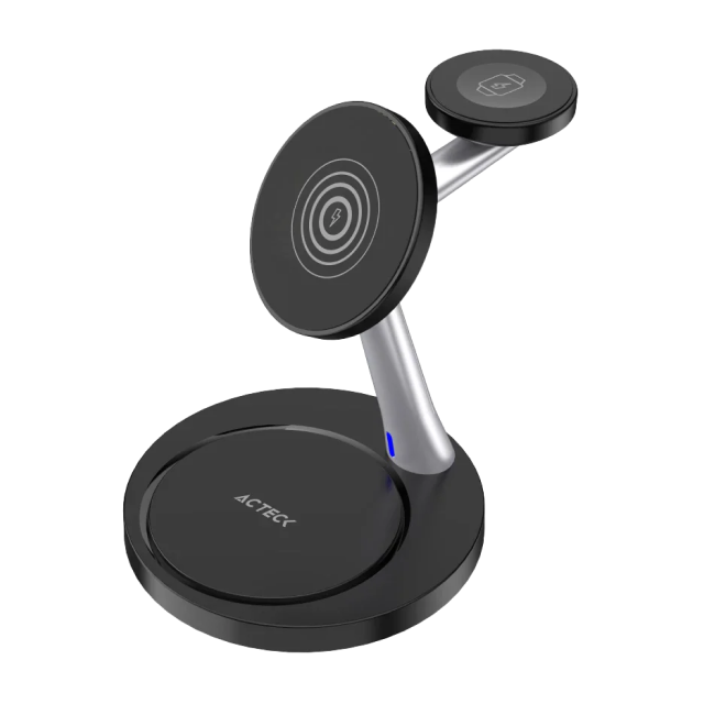 Base de Carga Inalámbrica 3 en 1 Acteck Energon S-Mate CI740 | Carga 3 Dispositivos Simultáneamente | 15W / 3W / 5W | Carga Inalámbrica Qi | Negro / Plata | AC-937139