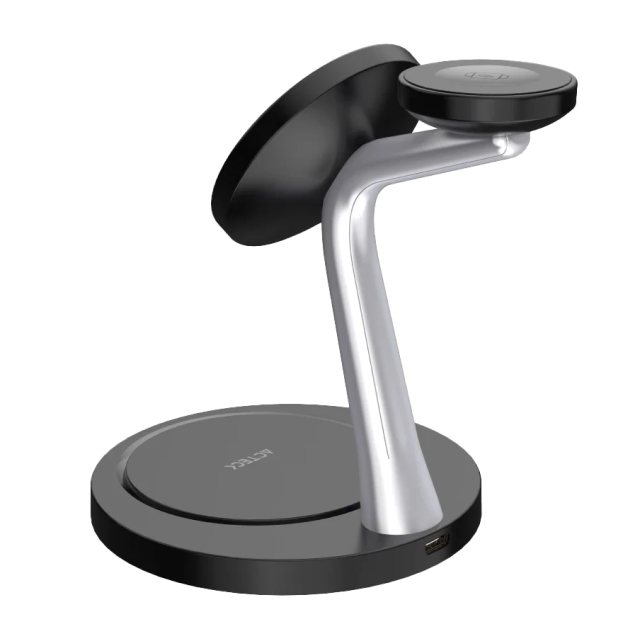 Base de Carga Inalámbrica 3 en 1 Acteck Energon S-Mate CI740 | Carga 3 Dispositivos Simultáneamente | 15W / 3W / 5W | Carga Inalámbrica Qi | Negro / Plata | AC-937139