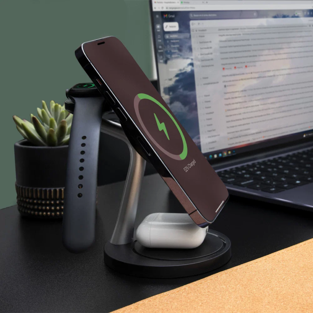 Base de Carga Inalámbrica 3 en 1 Acteck Energon S-Mate CI740 | Carga 3 Dispositivos Simultáneamente | 15W / 3W / 5W | Carga Inalámbrica Qi | Negro / Plata | AC-937139