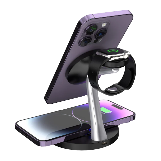 Base de Carga Inalámbrica 3 en 1 Acteck Energon S-Mate CI740 | Carga 3 Dispositivos Simultáneamente | 15W / 3W / 5W | Carga Inalámbrica Qi | Negro / Plata | AC-937139