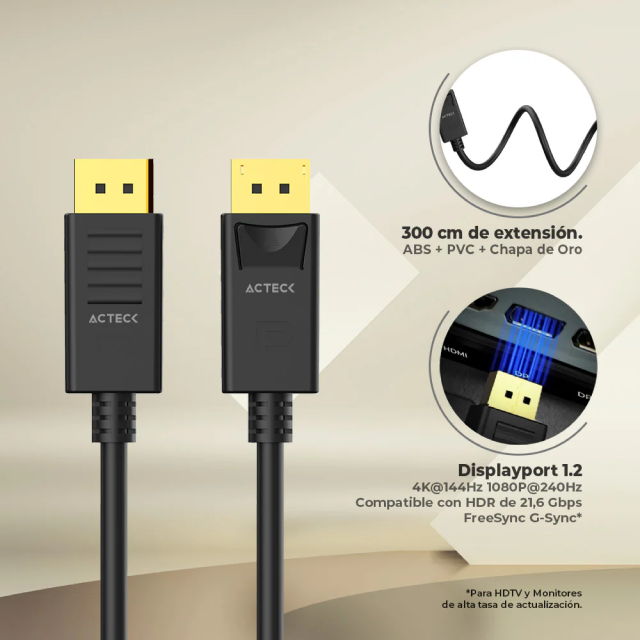 Cable DisplayPort Acteck Linx Plus DP422-3 | DP a DP | 4K | 60 Hz | 3 Metros | Negro | AC-939799