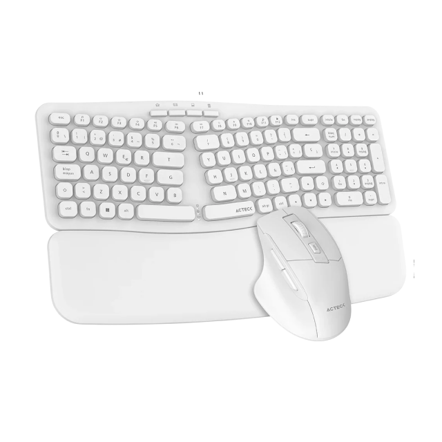 Kit de Teclado y Mouse Ergonómico Inalámbrico Acteck Creator Ultra Confort MK650 | Hasta 1,600 DPI | Teclas Ergonómicas Tipo Tijera | Reposamuñecas Magnético | Conexión 2.4 MHz / USB-A | Baterías Incluidas | Blanco | AC-939874