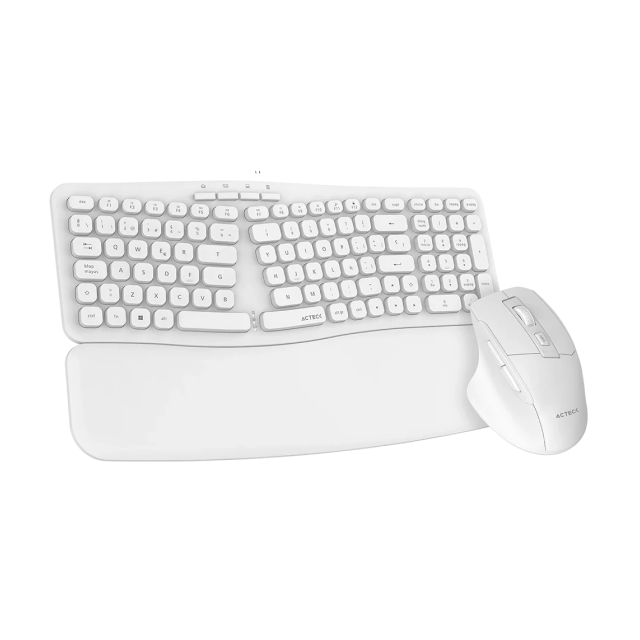 Kit de Teclado y Mouse Ergonómico Inalámbrico Acteck Creator Ultra Confort MK650 | Hasta 1,600 DPI | Teclas Ergonómicas Tipo Tijera | Reposamuñecas Magnético | Conexión 2.4 MHz / USB-A | Baterías Incluidas | Blanco | AC-939874