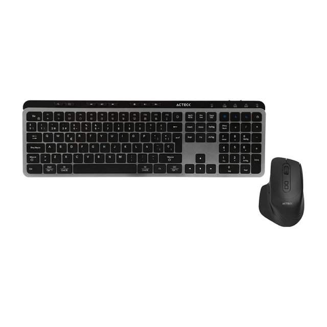 Kit de Teclado y Mouse Inalámbrico Acteck Creator Krea MK755 | Membrana Tipo Tijera | Completo / 100% | Multidispositivo | Teclas Silenciosas | 800 a 2000 DPI | 2.4 GHz / Bluetooth | Windows / Mac | Español | Negro / Gris | AC-940160