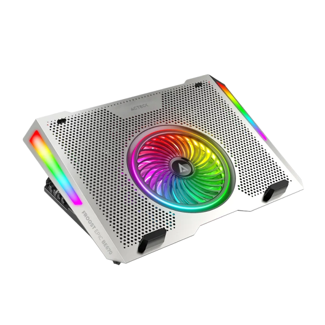 Base Enfriadora para Laptop Acteck Froost Epic BE670 | Laptops de hasta 15.6" | 5 Ventiladores | Hasta 2600 RPM | Luces LED | Silencioso | Control de Velocidad | 2 Puertos USB-C 2.0 | Altura Ajustable | Aluminio | Blanca | AC-940764