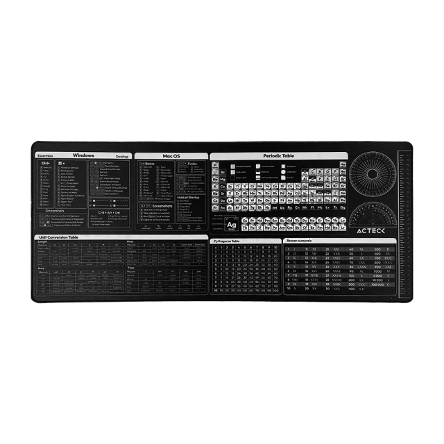 Mousepad Acteck Vibe Flow Tools MT494H | 800 x 350 mm | Guía Impresa de Atajos Windows / macOS / Tabla Periódica / Conversión de Unidades | Superficie de Tela | Base de Goma Antideslizante | Negro | AC-941075