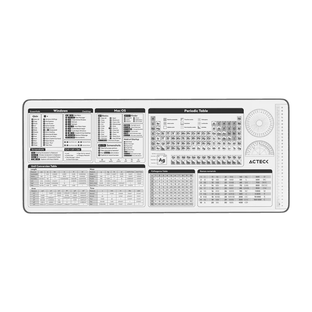 Mousepad Acteck Vibe Flow Tools MT494H | 800 x 350 mm | Guía Impresa de Atajos Windows / macOS / Tabla Periódica / Conversión de Unidades | Superficie de Tela | Base de Goma Antideslizante | Blanco | AC-941082