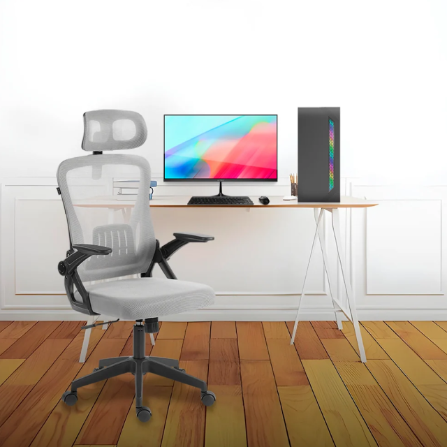 Silla de Oficina Acteck Flux Lite EC313HR | Hasta 100 kg | Respaldo de Malla Transpirable | Cabecera y Soporte Lumbar | Reposabrazos Ajustables | Base de Plástico | Inclinación de Hasta 120 Grados | Negro / Gris | AC-943376