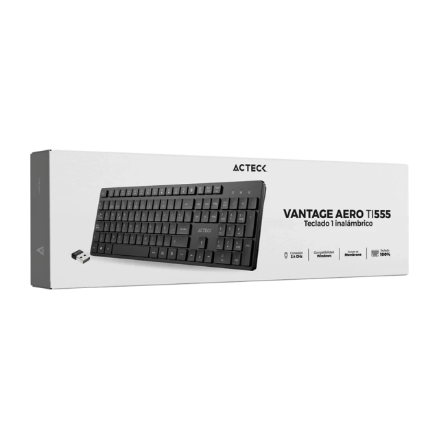 Teclado Inalámbrico de Membrana Acteck Vantage Aero TI555 | 100% | Teclas Silenciosas | Low Profile | 2.4 GHz | Español | Negro | AC-943468