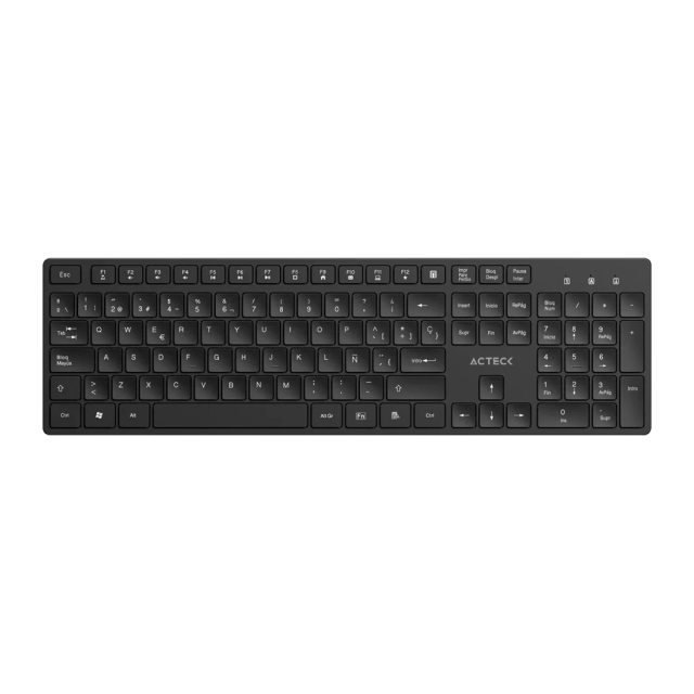 Teclado Inalámbrico de Membrana Acteck Vantage Aero TI555 | 100% | Teclas Silenciosas | Low Profile | 2.4 GHz | Español | Negro | AC-943468
